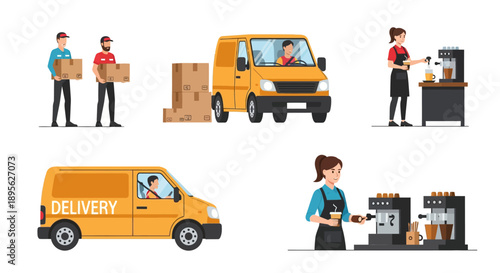 Courier Delivery Service, Logistics Workers, Yellow Van, and Barista Coffee Shop Staff Flat Vector Illustration Set.
