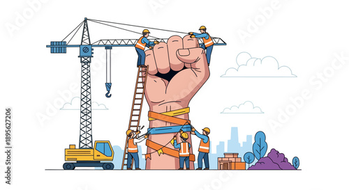 Collective Labor Power Concept: Construction workers using a crane and ladder to build and reinforce a giant, clenched fist symbolizing unity and development.