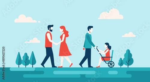 Flat Design Vector Illustration of Diverse Couples Walking: Romantic Partnership and Caregiver Assistance in the Park