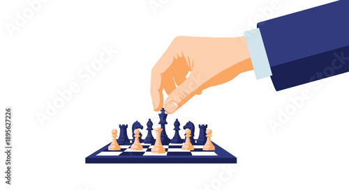 Strategic Move: Hand Placing King Chess Piece on Board. Business Planning, Leadership, and Intelligence Concept Illustration.
