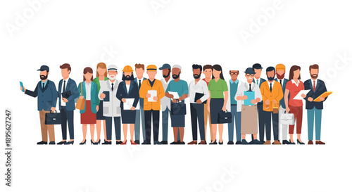Diverse Professional Group Vector Illustration. Multi-ethnic Workforce Standing Together Representing Various Occupations and Industries.
