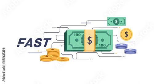 Fast Money Transfer and Quick Digital Payment Concept Vector Illustration. Instant Financial Transaction Speed Flow.