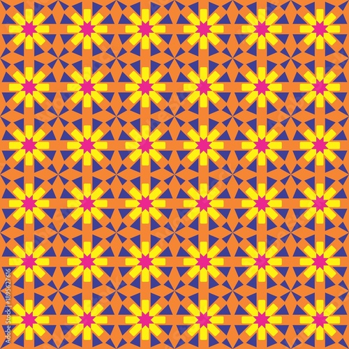 Geometric floral print in yellow, blue, orange, and magenta.