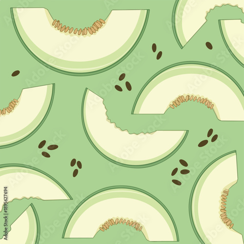A pattern of green melon slices with seeds on a light green background