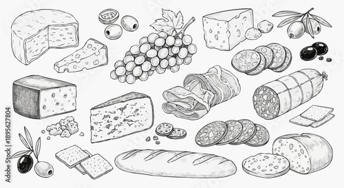 Gourmet Delights: An intricate illustration of a delectable assortment of gourmet food items, showcasing a variety of cheeses, grapes, olives, and charcuterie for epicurean pleasure.