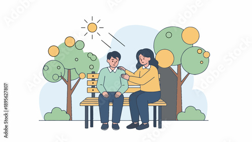 A person comforted by another on a park bench under the sunny sky