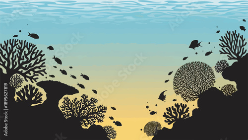 A peaceful ocean scene featuring coral and schools of fish