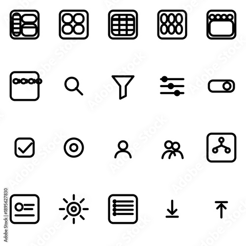Admin layout & navigation motifs (panels, sidebars, tables, cards) UI icon set - rounded outline SVG sheet (20 icons)