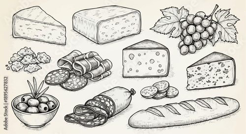 Gourmet Assortment: A captivating sketch showcases a tantalizing array of gourmet delights, from artisanal cheeses and savory cured meats to fresh grapes, olives, and crusty bread.