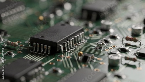 Printed circuit board closeup with processor and electronic components, semiconductor engineering, digital hardware technology, data processing and futuristic innovation background