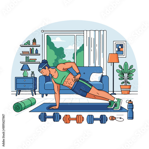 A person exercises at home with weights, a yoga mat, and water bottle