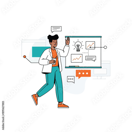 A person giving a presentation, with a thought bubble and graphs