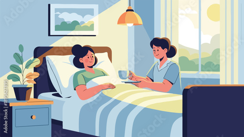 A person in bed is being served by a nurse with a drink