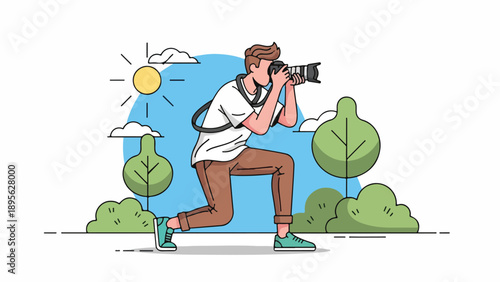 A person with a camera taking pictures outdoors in a sunny park setting