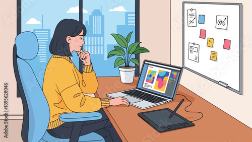 A person works at a desk, looking at a laptop in front of a window