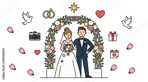 Joyful Wedding Celebration Couple with Decorative Icons Flat Vector Illustration
