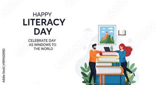 Happy Literacy Day Banner: Celebrating Education and Knowledge Growth. International Reading and Learning Event Template.