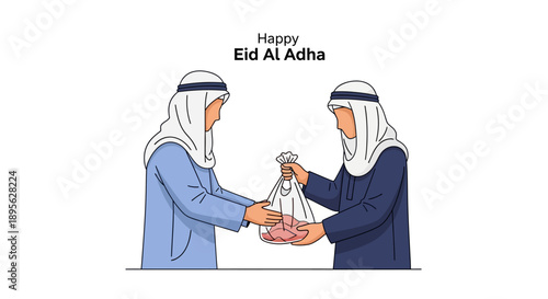 Happy Eid Al Adha Qurbani Distribution Vector. Muslim Men Sharing Sacrifice Meat for Charity. Islamic Holiday Giving Illustration.