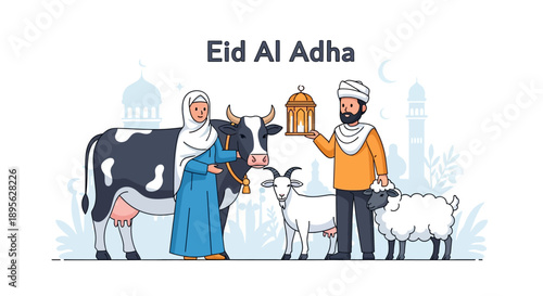 Eid Al Adha Mubarak Vector Illustration. Muslim Couple with Qurban Animals (Cow, Sheep, Goat) celebrating Kurban Bayram Sacrifice Feast.
