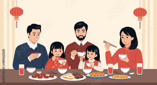 Chinese Family Eating Festive Reunion Dinner During Lunar New Year Celebration. Traditional Asian Culture Illustration.