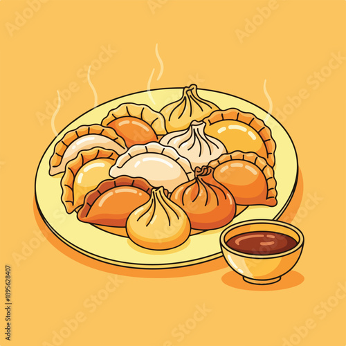 A plate of various dumpling types, with dipping sauce in small bowl