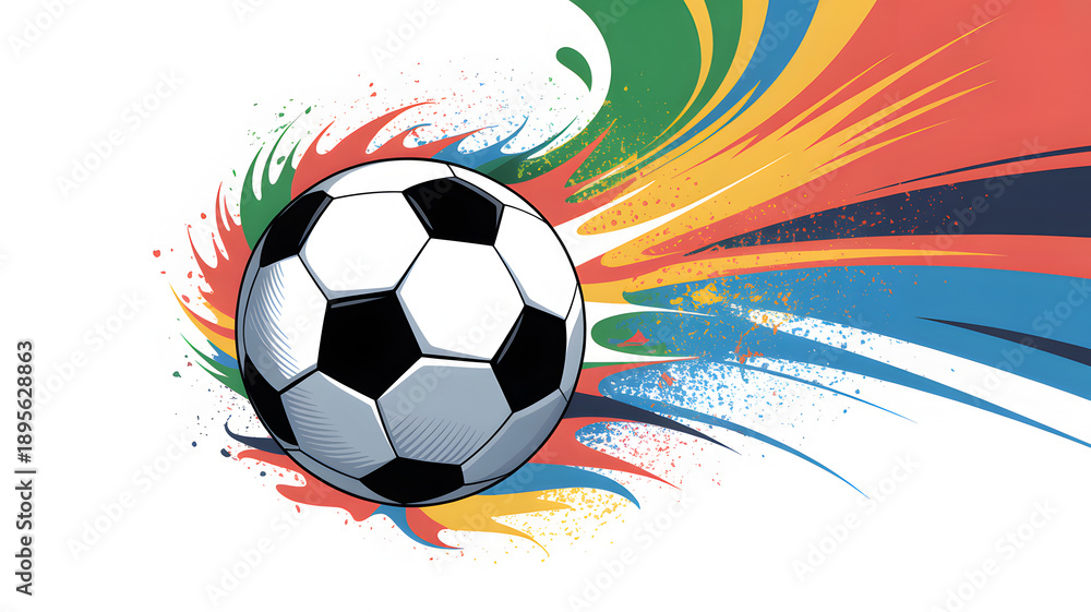 Fototapeta premium Soccer ball with colorful brush strokes on a white background design.