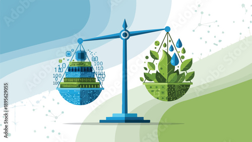 A scale weighing binary code against plants and nature's elements