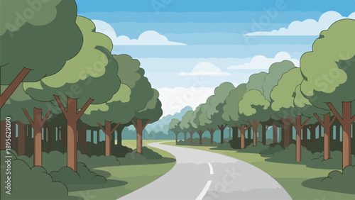 A scenic road with trees and a blue sky in a cartoon style