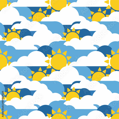 A seamless repeating pattern featuring stylized clouds and suns