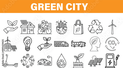 Green city icons and symbols set. Eco-friendly urban living, sustainable transport, and renewable energy, flat outline vector illustration.