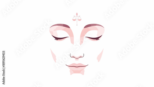 A serene face, eyes closed, with a balance symbol above, in soft pink hues