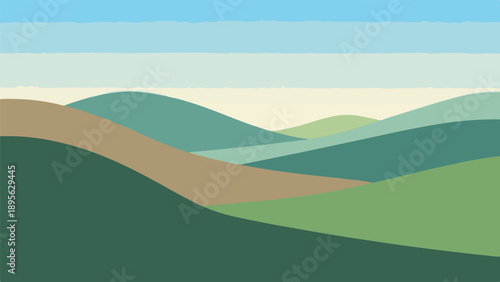 A serene landscape depicting rolling hills under a pastel sky