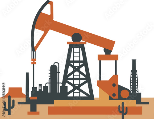 Oil pumpjack operating in desert landscape with cacti and industrial equipment visible from a distant viewpoint