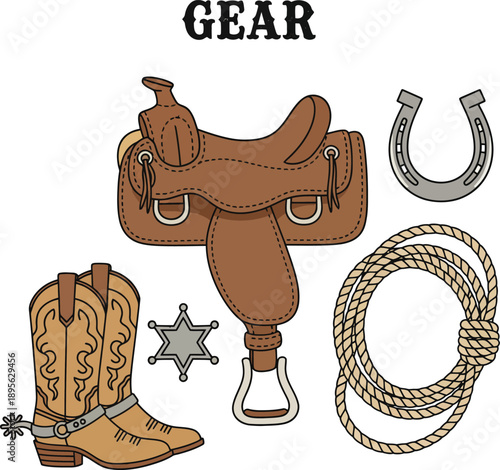 Western cowboy gear and accessories illustration featuring saddle, boots, rope, horseshoe, and sheriff's badge in a rustic setting