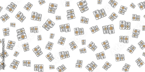 Pattern of audio cassette tapes arranged randomly on a white background
