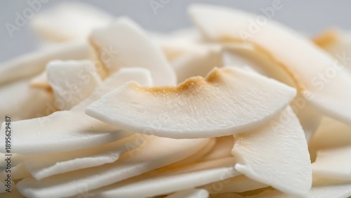 Dehydrated coconut chips, close-up shot highlighting their texture and edges