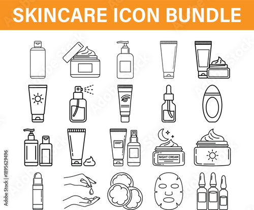 Skincare product icons bundle. Beauty, cosmetic, and personal care items, flat outline vector illustration for health and wellness.