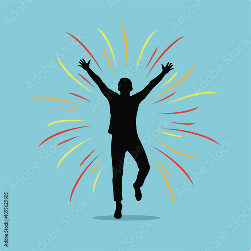 A silhouette of a joyful person with raised arms, with a color burst