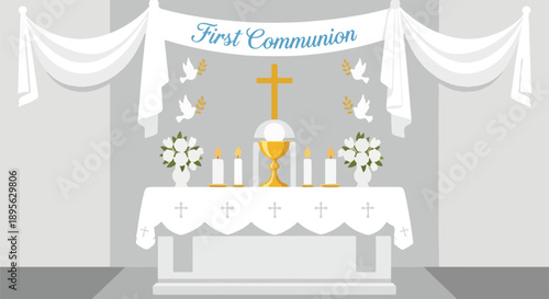 A simplistic vector illustration of a First Communion altar scene