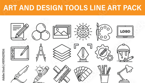 Art and design tools line art pack. Creativity, graphic design, and illustration instruments collection, flat outline vector icons.