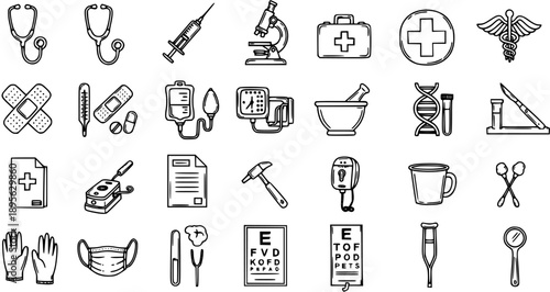Medical Healthcare Icons Line Art Collection. Hand-drawn Outline Symbols of Diagnostic Tools, Equipment, and Supplies for Hospital, Clinic, and First Aid.