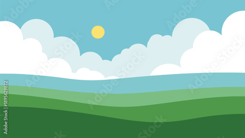A simplistic landscape of a sky, clouds, sun and rolling green hills