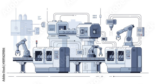 An illustration of an industrial setting with robotic arms performing tasks in a smart factory concept with a futuristic and automated mood.