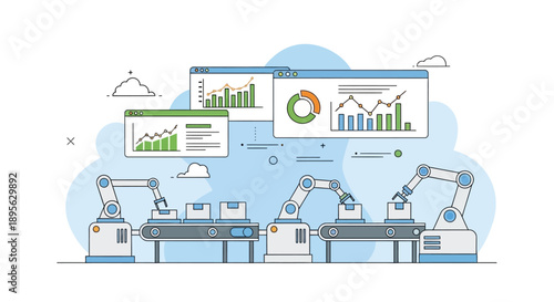 Illustration of a smart factory concept with robotic arms working on a production line with quality control inspection and industry 5. against a light blue background with various graphs.