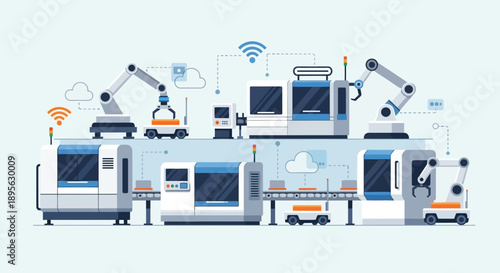 An illustration of an industrial smart factory with robotic machines, including a Robotic Palletizer, Pick and Place Robot, and Case Packer Robot, engaged in automated manufacturing and