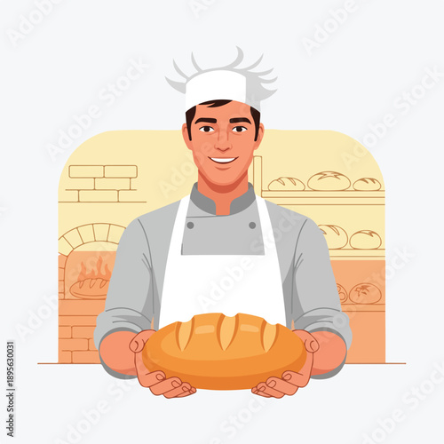 A smiling baker holding fresh bread in the bakery