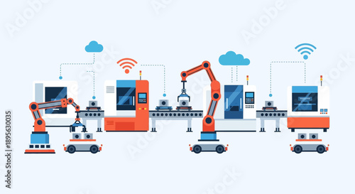 An illustration of an Industry 5.assistant<|end_header_id|>.0 smart factory concept with robotic arms, including a Robotic Palletizer, Pick and Place Robot, and Case Packer Robot, engaged
