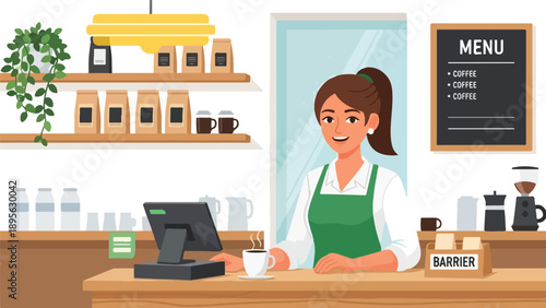 A smiling barista stands ready to serve customers at the coffee shop
