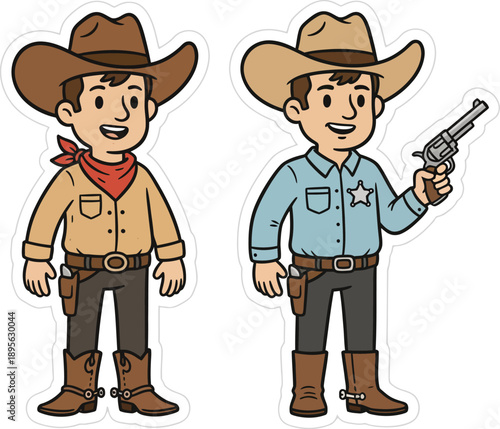 Two cartoon cowboys standing side by side with one holding a gun, illustrations of men in cowboy attire