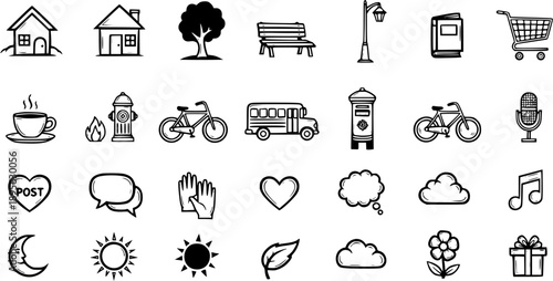 Black and White Line Art Icons of Everyday Objects and Symbols for Design